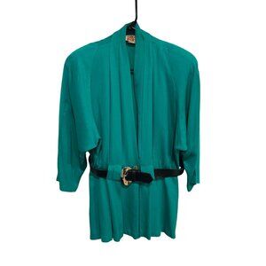 Vintage Katie MFG Teal Kimono Style Jacket Black Belt Size 9-10 Retro Boho
